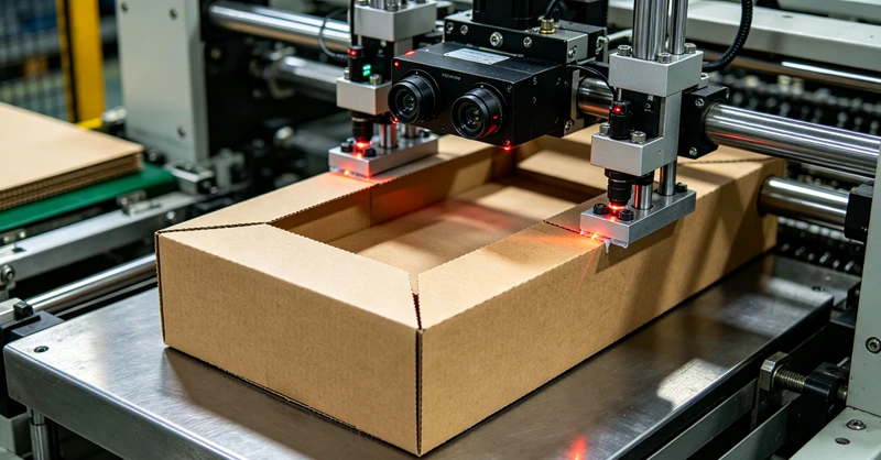 Rigid box making machine with visual positioning system in operation